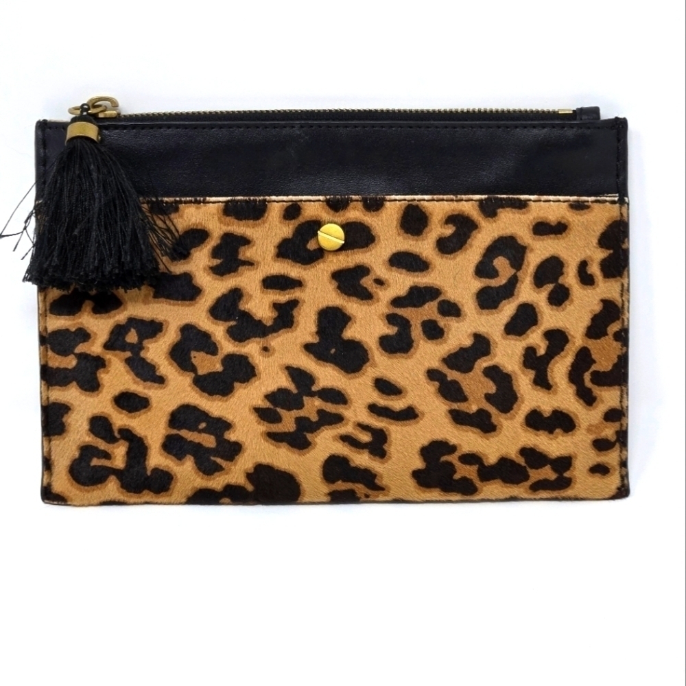 J. CREW CHEETAH PRINT BLACK LEATHER MINI BAG CLUTCH POUCH WOMEN PURSE TASSEL